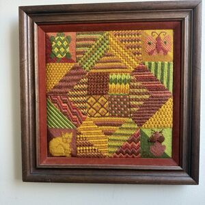 Vintage Framed Needlepoint Quilt Crewel Square Grannycore Cat Turtle Butterfly